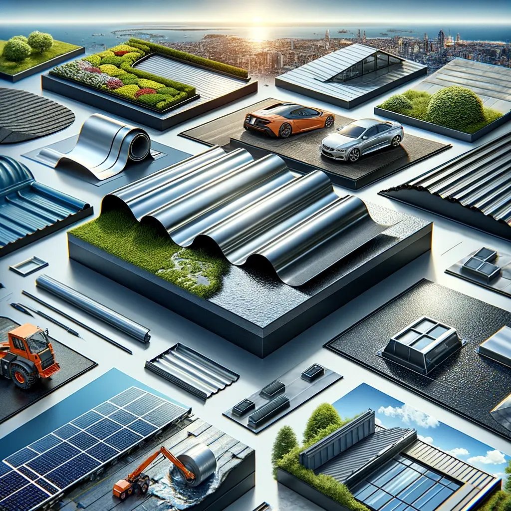 DALL·E 2024-05-05 13.58.15 - An image representing various commercial roofing products without text labels. The scene includes visual representations of different roofing systems_