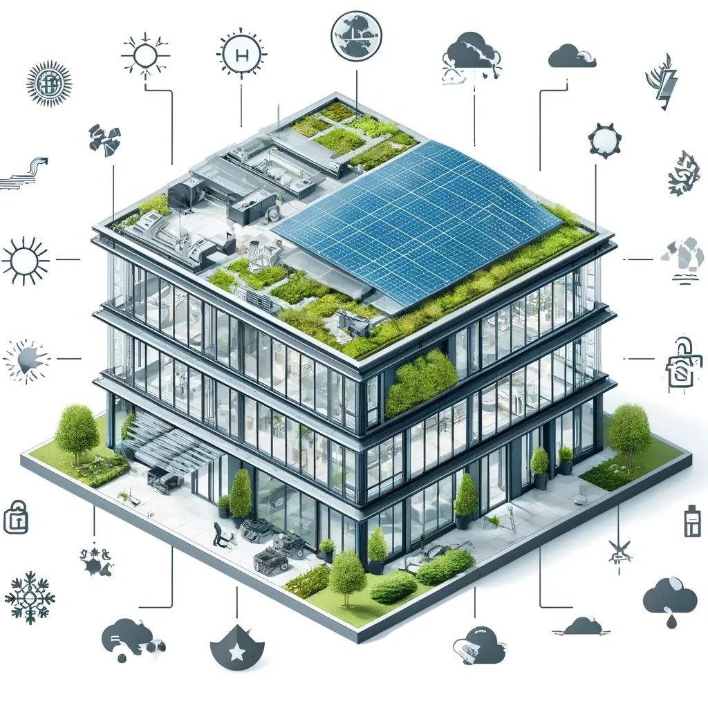 DALL·E 2024-05-05 14.11.37 - A detailed and informative image illustrating the process of choosing the right commercial roofing system. The image should depict a cross-section of