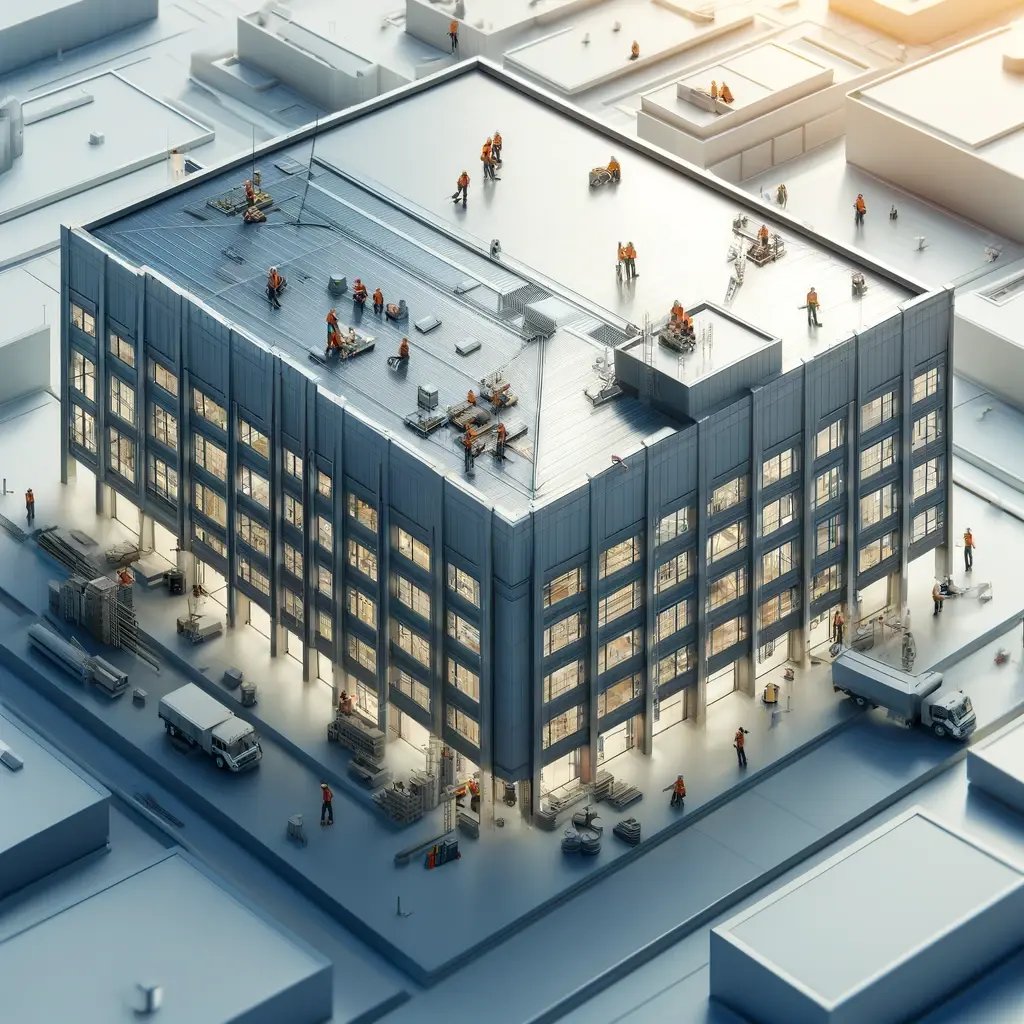 DALL·E 2024-05-05 14.20.54 - An image highlighting commercial roofing maintenance and repair, focusing on the structure of a large commercial building with minimal human presence