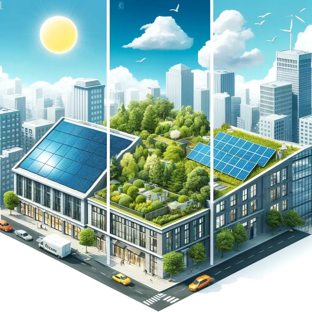 DALL·E 2024-05-05 14.24.48 - An illustrative image showcasing sustainable and energy-efficient commercial roofing options. The scene includes three sections_ 1. A cool roof with h