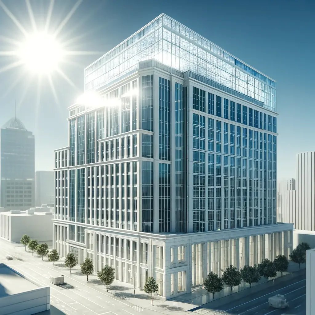 DALL·E 2024-05-05 14.36.09 - A realistic illustration of a high-rise office building in Phoenix, Arizona, with a cool roof installation. The building should be depicted under inte
