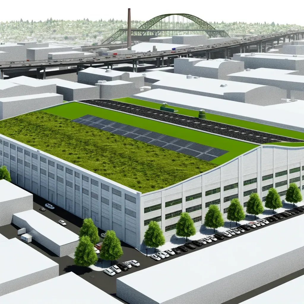 DALL·E 2024-05-05 14.39.21 - A realistic illustration of a warehouse in Portland, Oregon, retrofitted with a green roof. The image should show a large, industrial warehouse with a