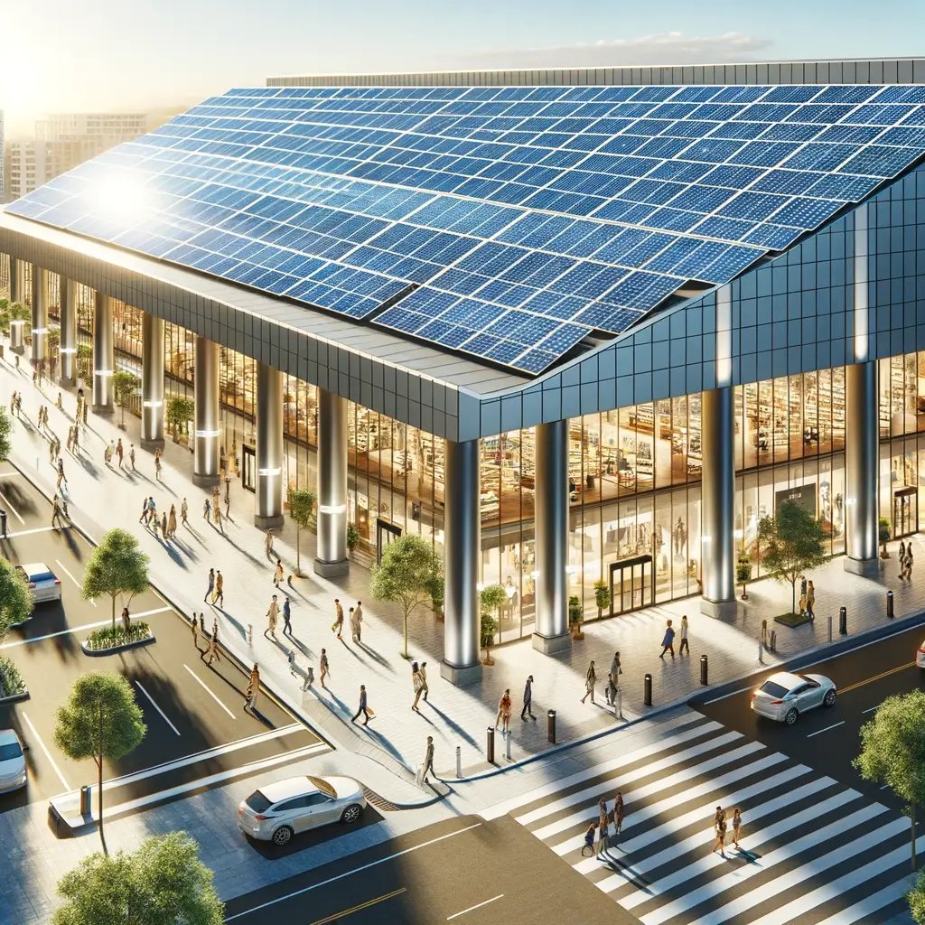 DALL·E 2024-05-05 14.43.16 - A realistic illustration of a shopping center in San Diego, California, featuring a modern design with extensive photovoltaic panels integrated into t